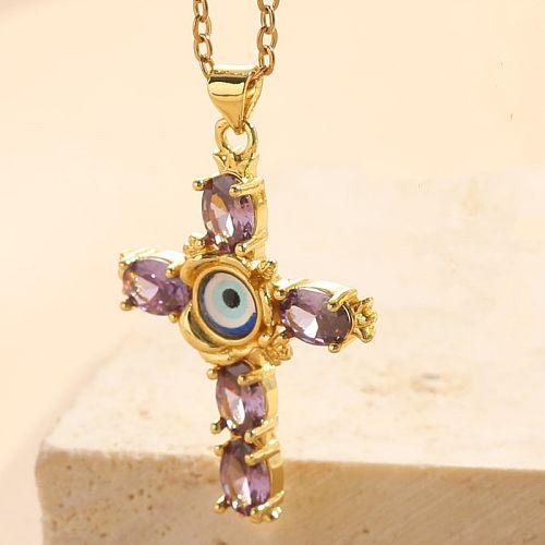 Glam Modern Style Cross Devil'S Eye Copper 14K Gold Plated Zircon Pendant Necklace In Bulk