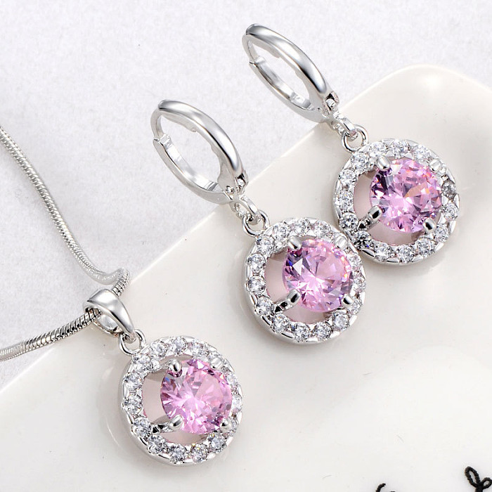 Cute Sweet Round Copper Plating Inlay Zircon White Gold Plated Earrings Necklace