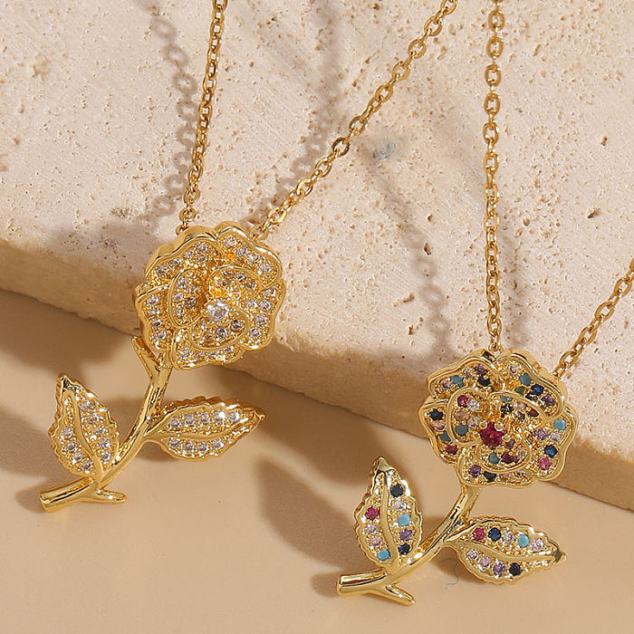 INS Style Flower Copper Plating Inlay Zircon 14K Gold Plated Pendant Necklace