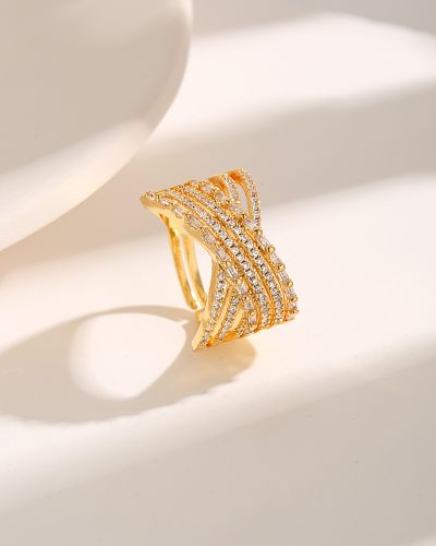 Basic Simple Style Cross Copper Criss Cross Plating Inlay Zircon 18K Gold Plated Open Rings