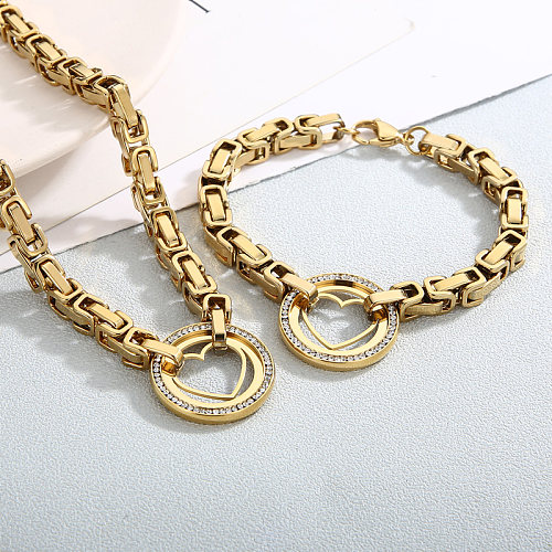 Elegant Round Heart Shape Titanium Steel Plating Inlay Artificial Diamond Bracelets Necklace