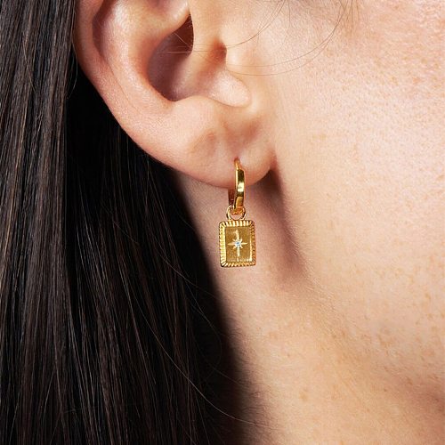 Boucles d'oreilles pendantes en forme d'étoile rectangulaire en cuivre plaqué or et Zircon, 1 paire