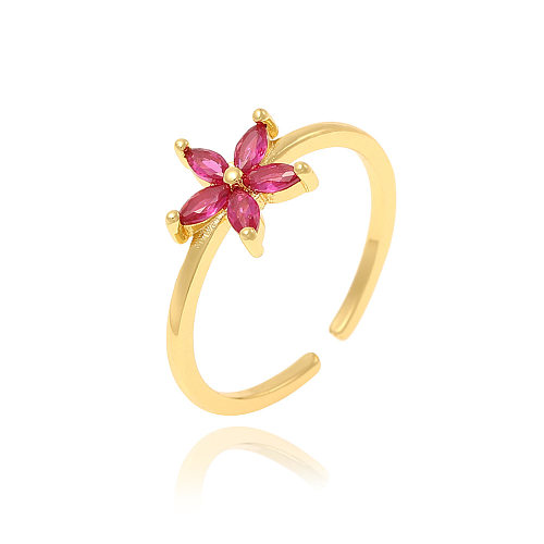 Simple Style Leaf Flower Copper Inlay Zircon Rings