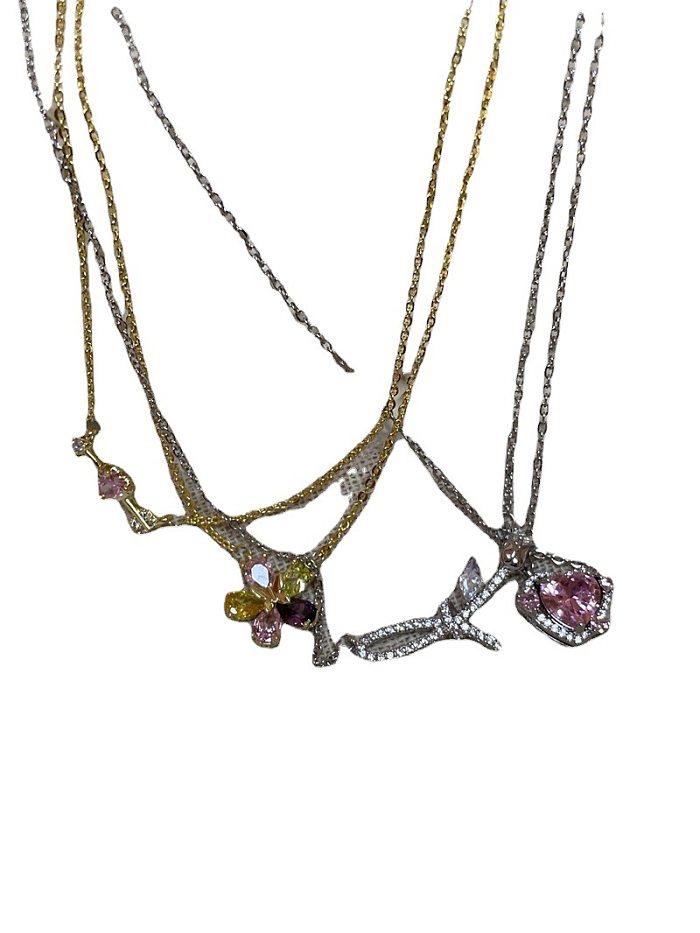 Sweet Heart Shape Flower Copper Plating Inlay Zircon Pendant Necklace