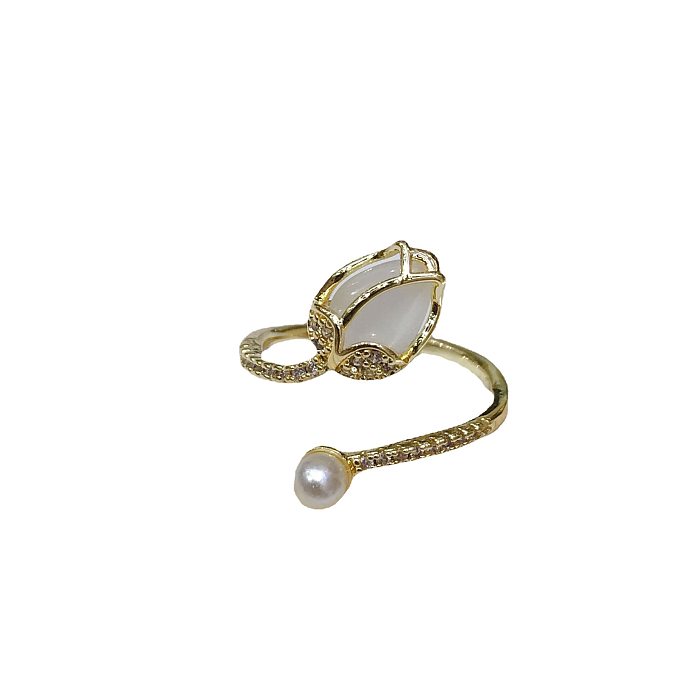 Retro Fashion Pearl Geometric Tulip Planet Copper Micro-encrusted Zircon Ring