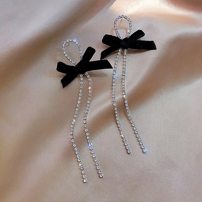1 Pair Shiny Bow Knot Plating Inlay Copper Rhinestones Silver Plated Drop Earrings
