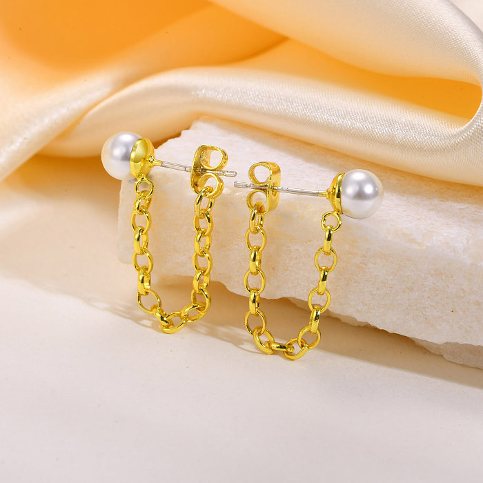 1 Pair Simple Style Round Inlay Brass Pearl Gold Plated Drop Earrings