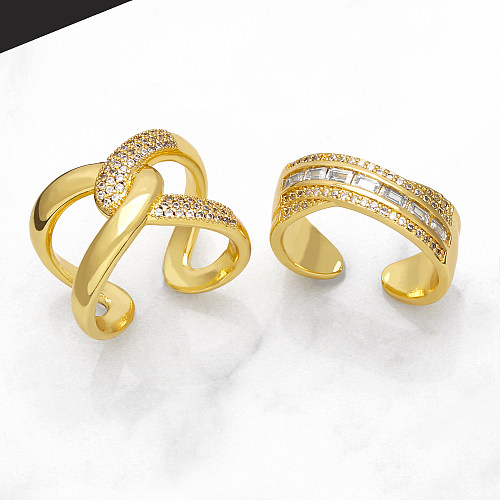 Fashion Simple Style Commute Cross Copper Plating Inlay Zircon 18K Gold Plated Open Rings