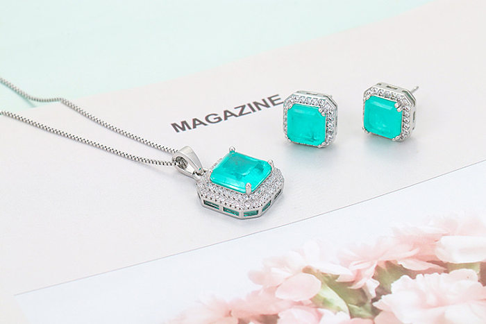 Elegant Streetwear Square Copper Plating Inlay Artificial Gemstones Earrings Necklace