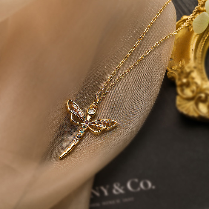 Simple Style Commute Dragonfly Copper Plating Inlay Zircon 18K Gold Plated Pendant Necklace