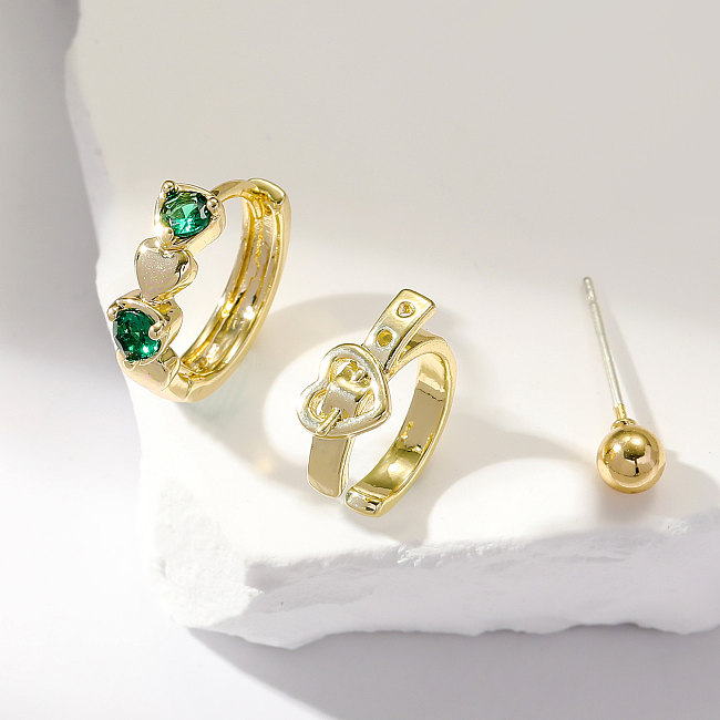 3 Pieces Simple Style Heart Shape Inlay Copper Zircon Ear Studs
