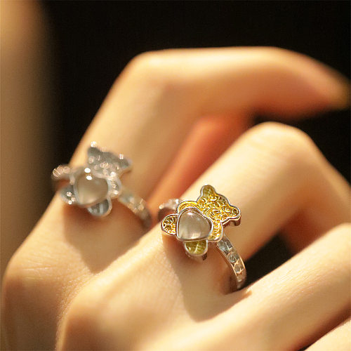 Wholesale Cute Animal Bear Stainless Steel Inlay Artificial Gemstones Open Rings
