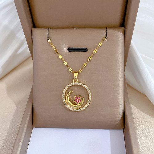 Luxurious Star Moon Stainless Steel Copper Plating Rhinestones Pendant Necklace