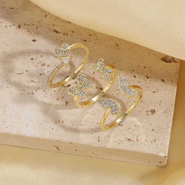 Elegant Heart Shape Butterfly Copper 14K Gold Plated Zircon Open Ring In Bulk