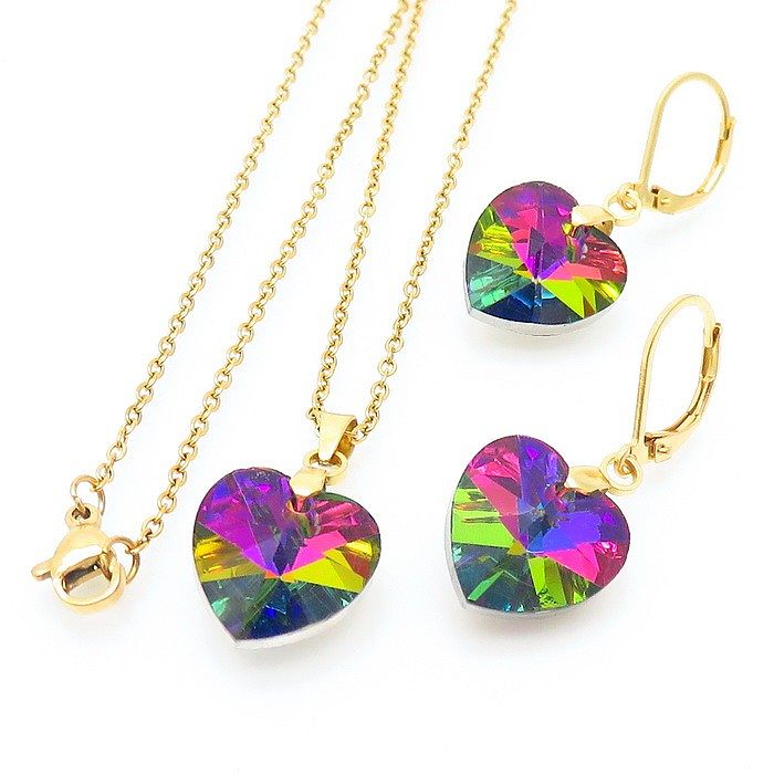 Fashion Heart Shape Stainless Steel Titanium Steel Crystal Plating Earrings Necklace 1 Set