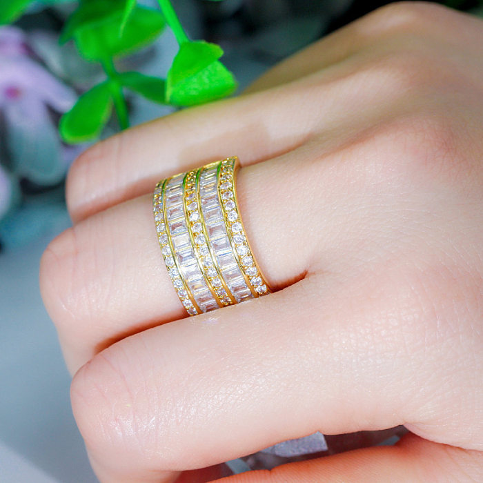 Elegante brilhante geométrico cobre chapeamento inlay zircão rosa banhado a ouro branco banhado a ródio anéis