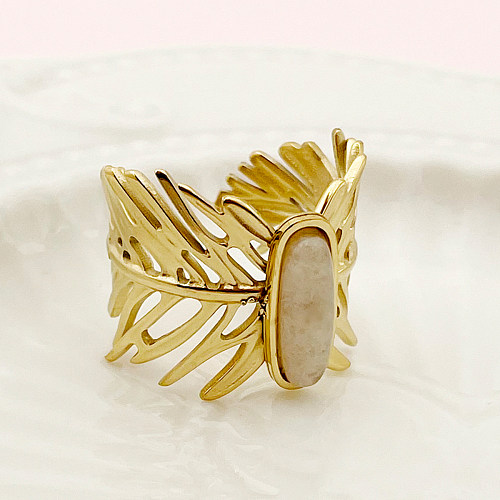 Vintage Style Simple Style Leaves Oval Stainless Steel Plating Hollow Out Inlay Glass Stone 14K Gold Plated Open Rings