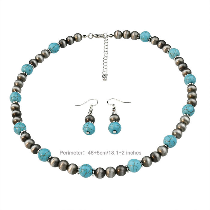 Vintage Style Geometric Stainless Steel Plastic Turquoise Beaded Silver Plated Earrings Necklace