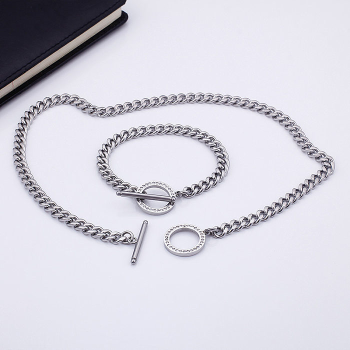 Stainless Steel Thick Chain Diamond Necklace Bracelet Set Wholesale jewelry