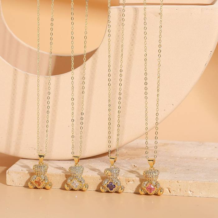 Elegante süße Bären-Kupfer-Halskette mit 14 Karat vergoldetem Zirkon-Anhänger in großen Mengen