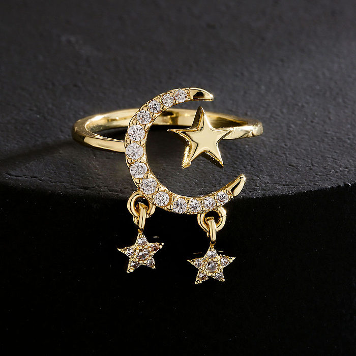 Modischer, geometrischer, offener Ring aus 18 Karat Gold mit Zirkon, Stern und Mond, aus Kupfer