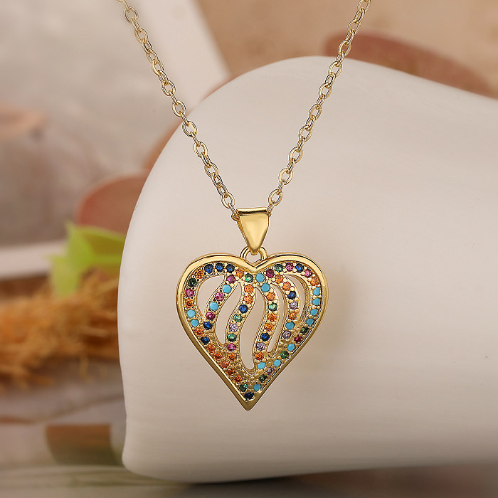 Simple Style Streetwear Heart Shape Copper Plating Hollow Out Inlay Zircon 18K Gold Plated Pendant Necklace