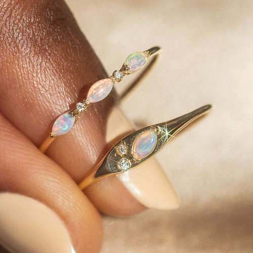 Elegant Lady Commute Geometric Copper Plating Inlay Opal 18K Gold Plated Rings