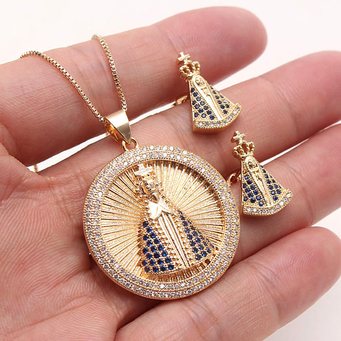 IG Style Human Round Copper Plating Inlay Zircon Gold Plated Earrings Necklace Jewelry Set