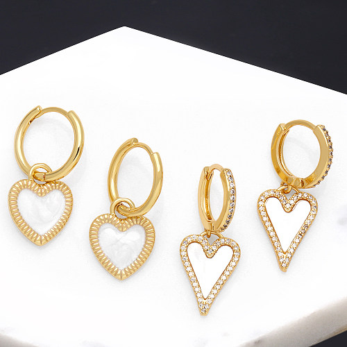 Boucles d'oreilles pendantes en forme de cœur, Style Simple, incrustation de cuivre, coquille en Zircon plaqué or 1 carats, 18 pièce