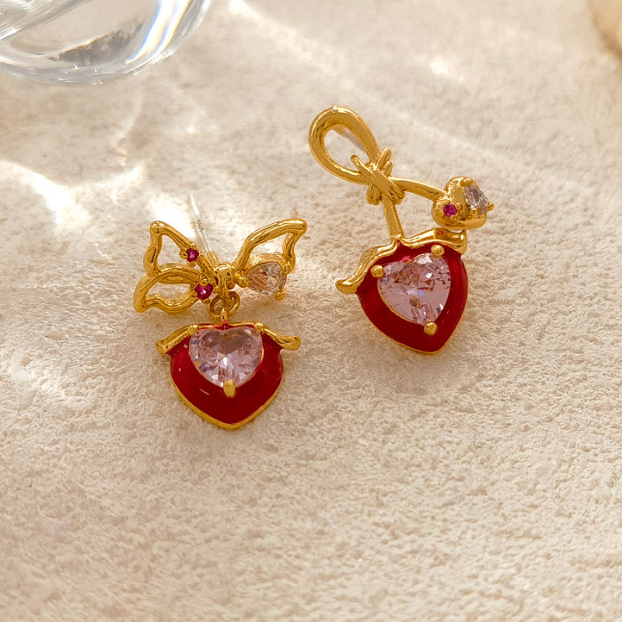 1 Pair Simple Style Heart Shape Copper Inlay Rhinestones Earrings