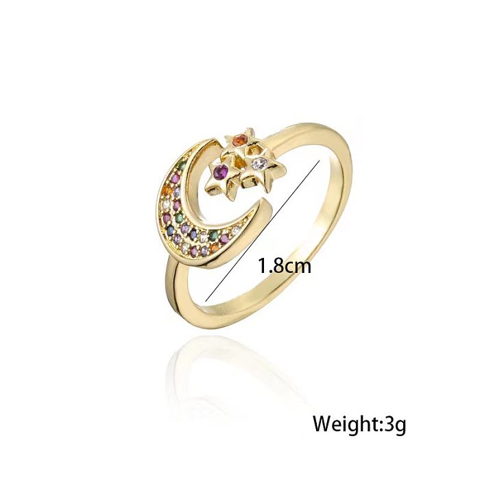 Elegant Lady Streetwear Star Moon Copper Inlay Zircon Open Ring