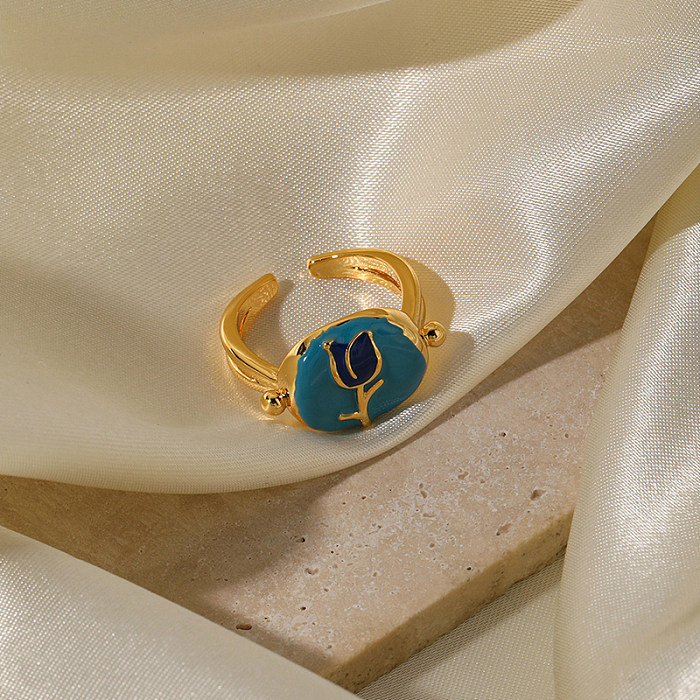 Fairy Style Rose Copper Enamel Plating 18K Gold Plated Open Rings