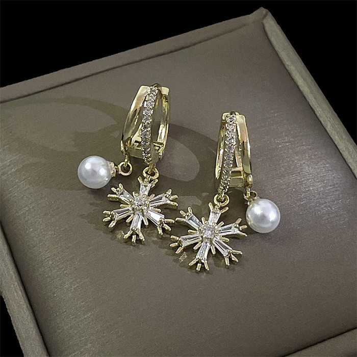 Fashion Snowflake Copper Inlay Artificial Pearls Zircon Dangling Earrings 1 Pair