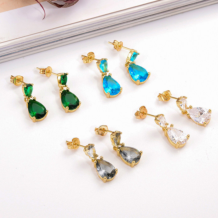 1 Pair Elegant Retro Water Droplets Plating Inlay Copper Zircon 18K Gold Plated Drop Earrings