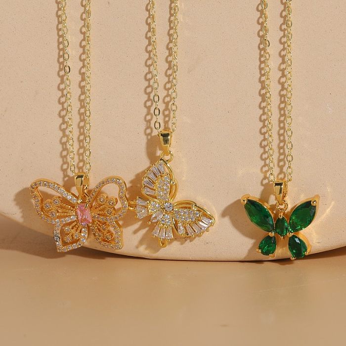Elegante, klassische Schmetterlings-Kupfer-Halskette mit 14 Karat vergoldetem Zirkon in großen Mengen