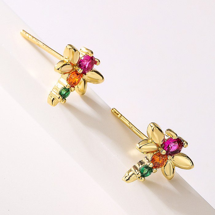 Fashion Four Leaf Clover Dragonfly Copper Gold Plated Zircon Ear Studs 1 Pair
