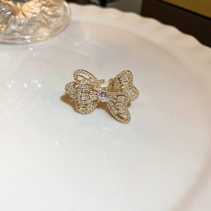 Fashion Heart Shape Flower Bow Knot Copper Pearl Plating Inlay Zircon Open Ring 1 Piece