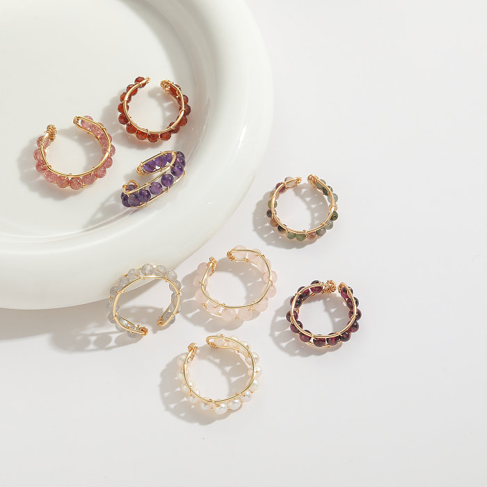 1 Piece Fashion Round Copper Beaded Natural Stone Plating Open Ring