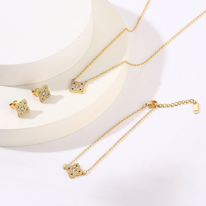 Doce pastoral estilo simples flor titânio aço esmalte chapeamento incrustação diamante artificial 18k banhado a ouro pulseiras colar conjunto de jóias