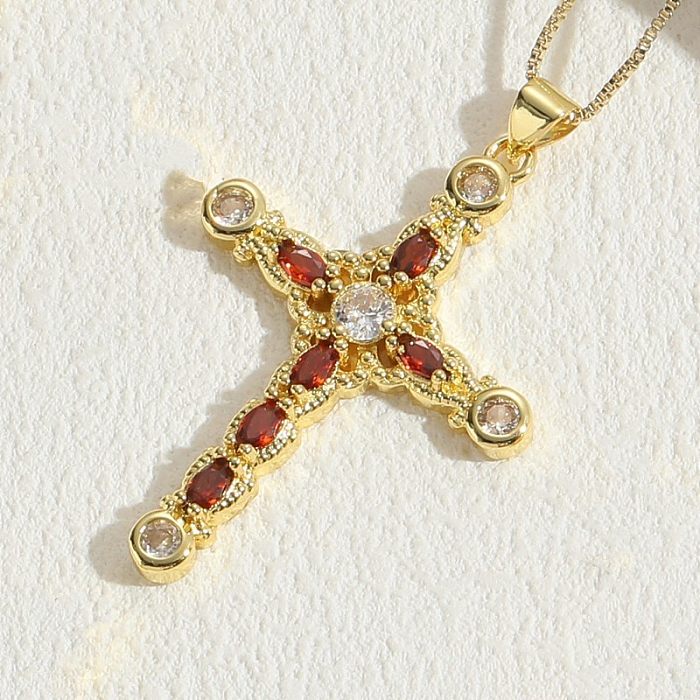 Elegante y lujoso collar con colgante chapado en oro de 14 quilates con incrustaciones de cobre y cruz de estilo clásico