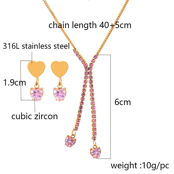 Collier de boucles d'oreilles en Zircon avec incrustation d'acier et de titane en forme de cœur à la mode