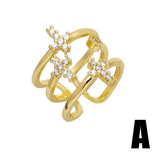 Retro Faith Cross Copper Plating Inlay Zircon 18K Gold Plated Open Ring