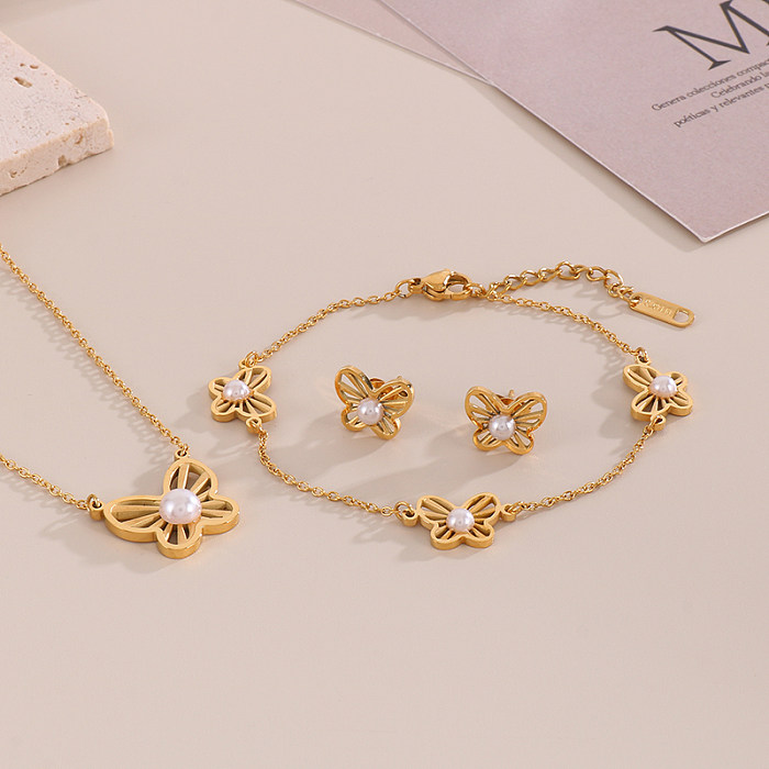 Simple Style Heart Shape Butterfly Titanium Steel Plating Inlay Artificial Pearls 18K Gold Plated Earrings Necklace Jewelry Set