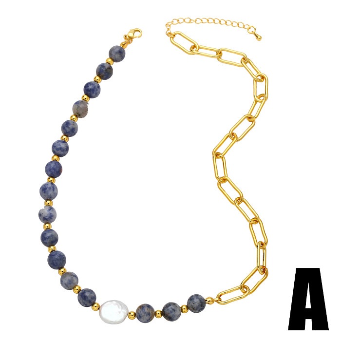 Barock-Stil, geometrische Imitationsperle, Kupfer-Perlen-Patchwork, vergoldeter Naturstein-Halsband, 1 Stück
