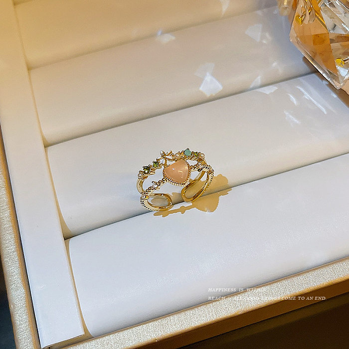Moda coração forma de cobre incrustação de pedras preciosas artificiais anel aberto 1 peça