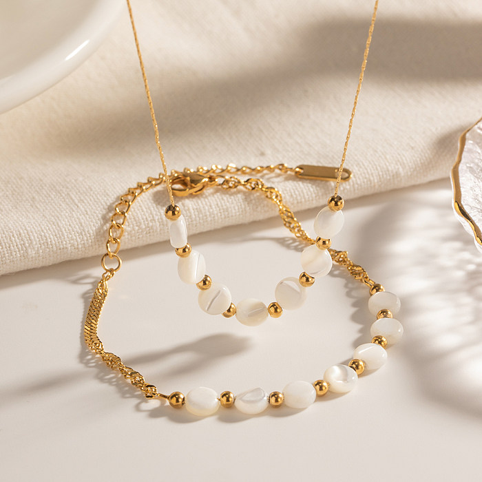 INS-Stil, schlichter Stil, runde Halskette aus Edelstahl mit Perlen und Perlenbeschichtung, 18 Karat vergoldet