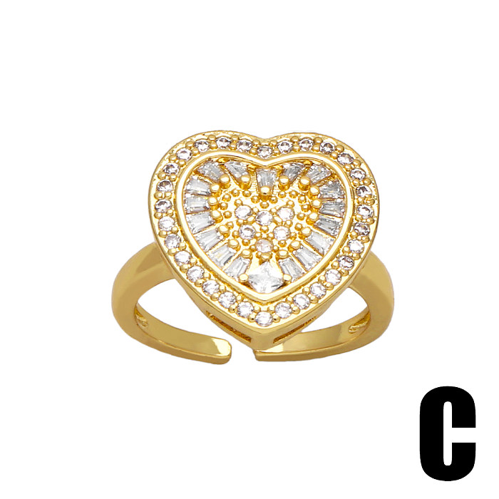 Glam brilhante geométrico formato de coração revestimento de cobre incrustado zircão anéis abertos banhados a ouro 18K