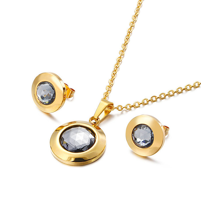 Fashion New Round Personality Crystal Necklace Earrings Gold Set
