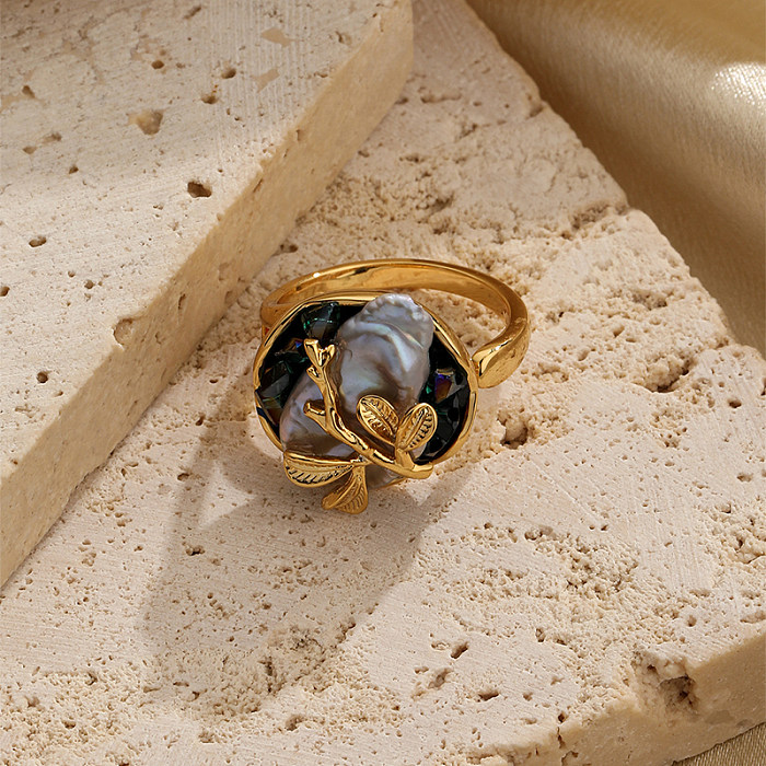 Offene Ringe mit Retro-Blättern, Kupferbeschichtung, Inlay, Perle, 18 Karat vergoldet