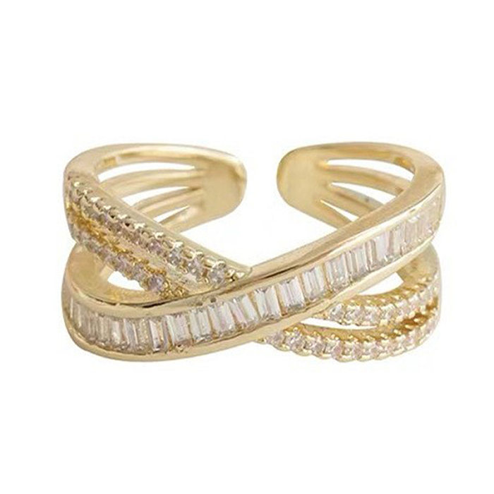 Elegante senhora geométrica chapeamento de cobre incrustação opala zircão branco banhado a ouro anel aberto